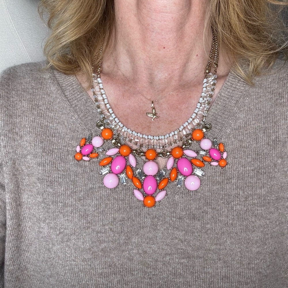 Multicolored Rhinestone and Resin Statement Bib Necklace Pink Orange White Gold